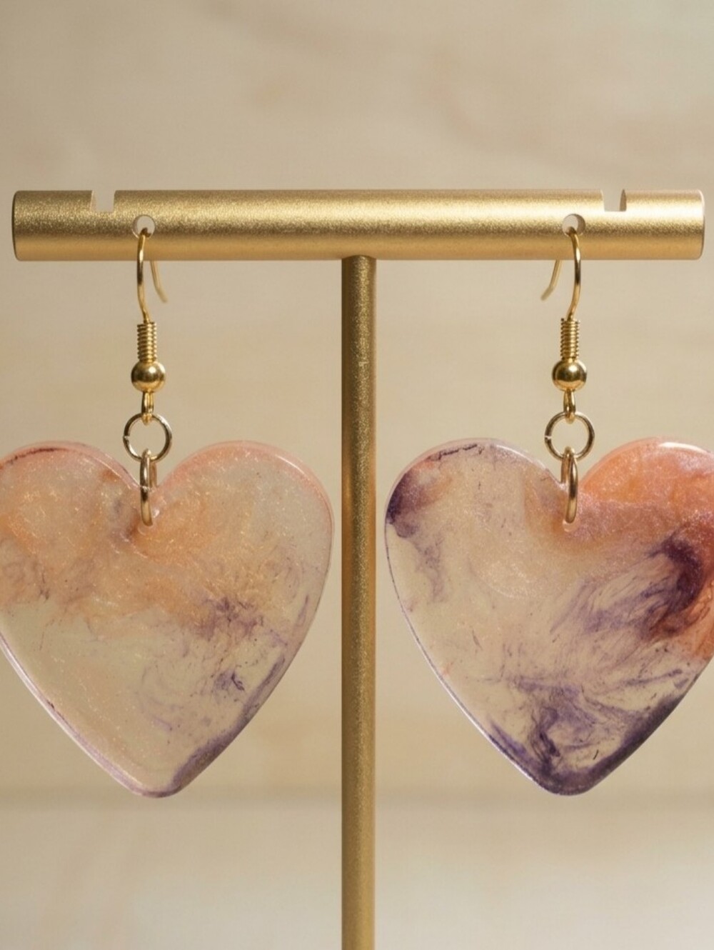 Soft Pink Pearlescent Resin Heart Drop Earrings (Hypoallergenic Posts)